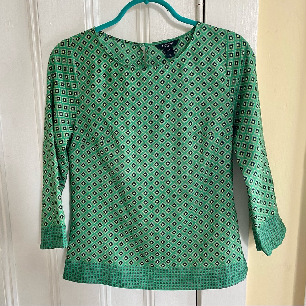 J. Crew Women’s Preppy 3/4 Sleeve Boatneck Pattern Office Blouse Top - Green XXS